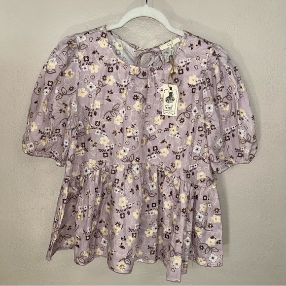 easel Tops - Easel Lavender puff sleeve babydoll Floral Tie-Neck Blouse